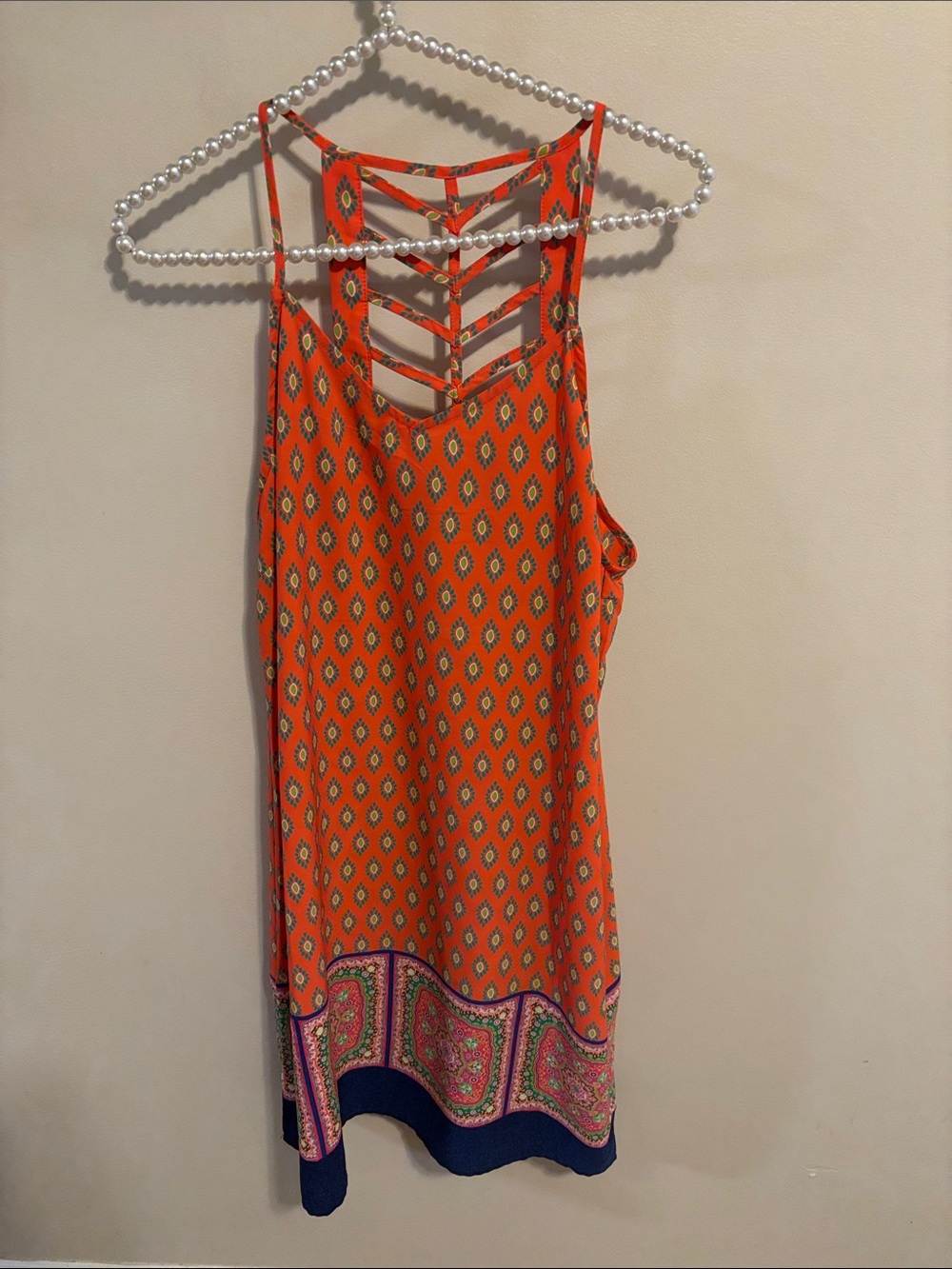 Skies Are Blue Orange Boho Mini Dress M Geometric Strappy Cage Back Border Hem